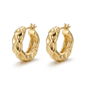Pair of gold-tone textured hoop earrings on a white background