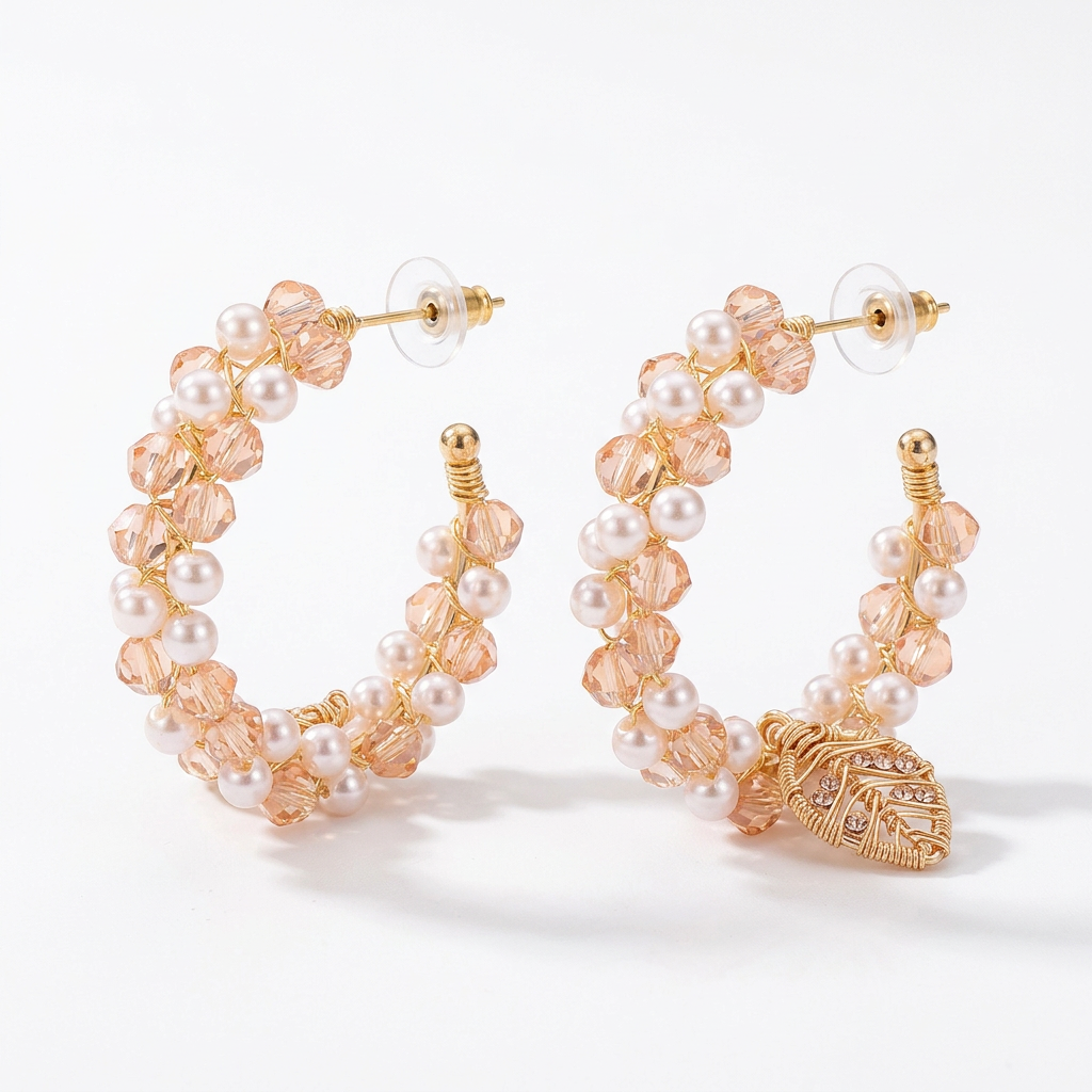 Pink and white beaded hoop earrings