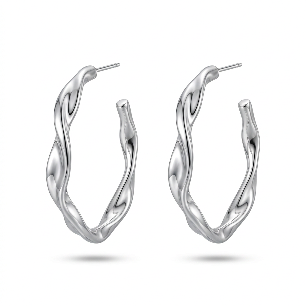 Silver-tone wavy oval hoop earrings